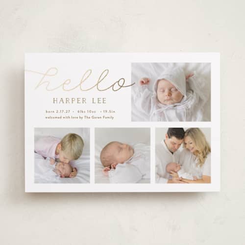This is a honey foil stamped birth announcements with foil pressed by Carolyn MacLaren called glittering hello printing on recycled smooth signature in standard