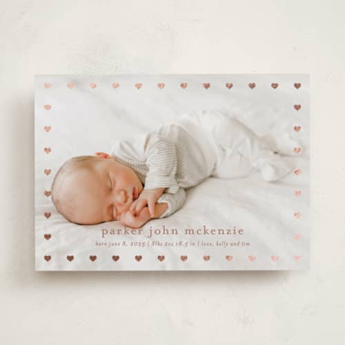 This is a rose foil stamped birth announcements with foil pressed by Stacey Meacham called mini hearts frame printing on recycled smooth signature in standard