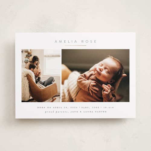 This is a clay foil stamped birth announcements with foil pressed by Carolyn Nicks called simply sweet printing on recycled smooth signature in standard