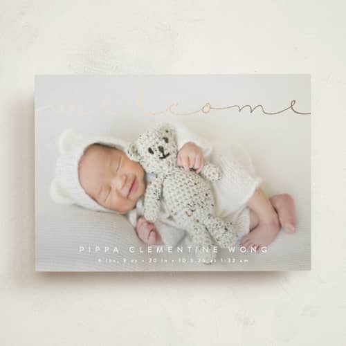 This is a cloud foil stamped birth announcements with foil pressed by Olivia Raufman called delicate welcome printing on recycled smooth signature in standard