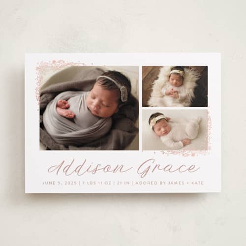 This is a burnt rose foil stamped birth announcements with foil pressed by Amy Payne called delicate collage printing on recycled smooth signature in standard