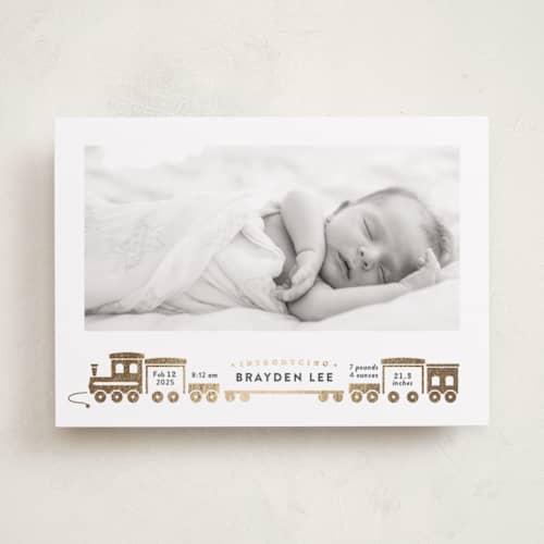 This is a chalk foil stamped birth announcements with foil pressed by Rebecca Durflinger called welcome aboard! printing on recycled smooth signature in standard