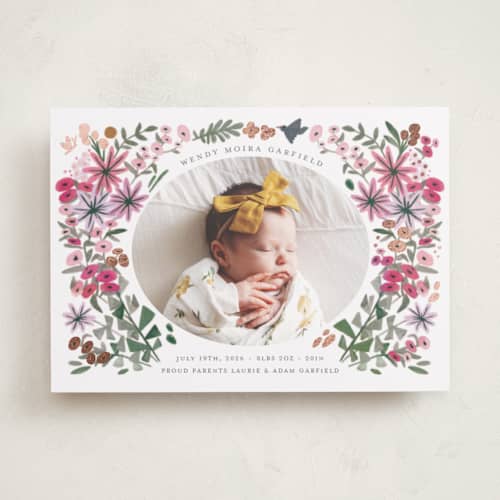 This is a rose foil stamped birth announcements with foil pressed by Morgan Ramberg called blossom baby printing on recycled smooth signature in standard