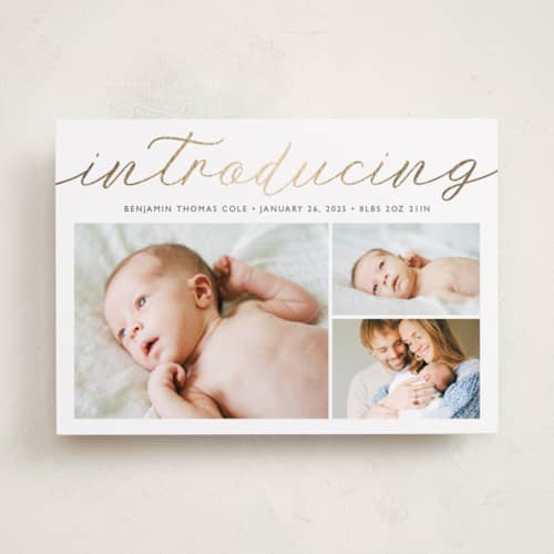 This is a cotton foil stamped birth announcements with foil pressed by Carolyn MacLaren called big introductions printing on recycled smooth signature in standard