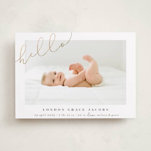 This is a warm grey foil stamped birth announcements with foil pressed by Shirley Lin Schneider called angled hello printing on recycled smooth signature in standard