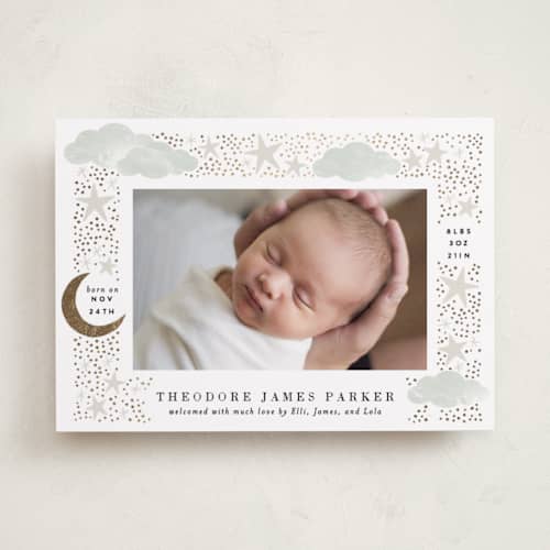 This is a mint foil stamped birth announcements with foil pressed by Alethea and Ruth called nighttime printing on recycled smooth signature in standard