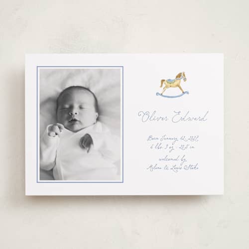 This is a powder birth announcements with standard by Pati Cascino called ternure printing on recycled smooth signature in standard