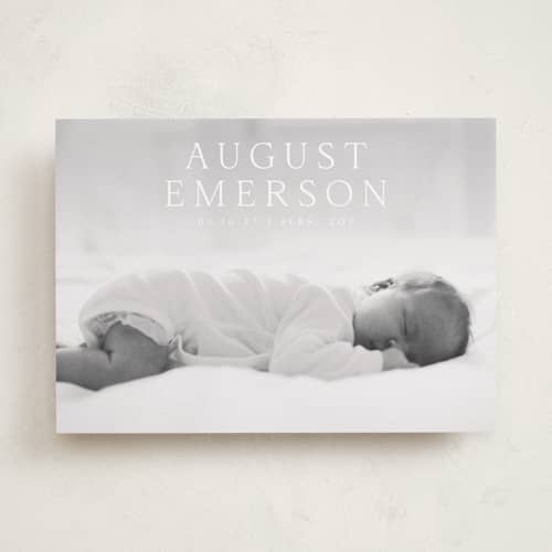 This is a cotton birth announcements with standard by Olivia Raufman called bold intro printing on recycled smooth signature in standard