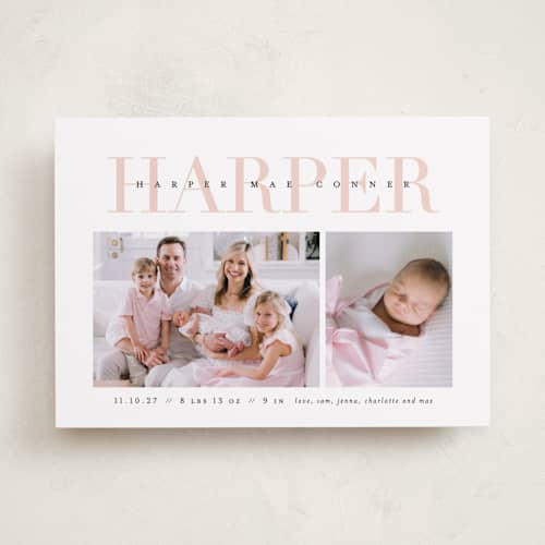 This is a blush birth announcements with standard by Lauren Chism called love-ly printing on recycled smooth signature in standard