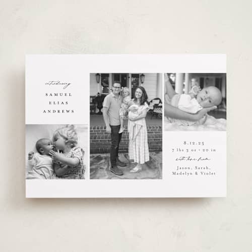 This is a noir birth announcements with standard by Emily Betts called three printing on recycled smooth signature in standard