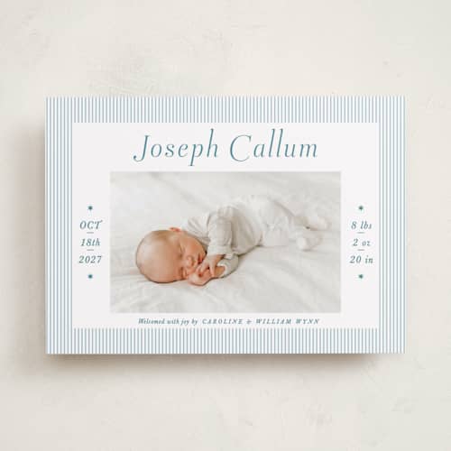 This is a baby blue birth announcements with standard by Alston Foster called sweet stripes printing on recycled smooth signature in standard