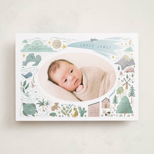 This is a blue jay birth announcements with standard by Grae called a wonderful world printing on recycled smooth signature in standard