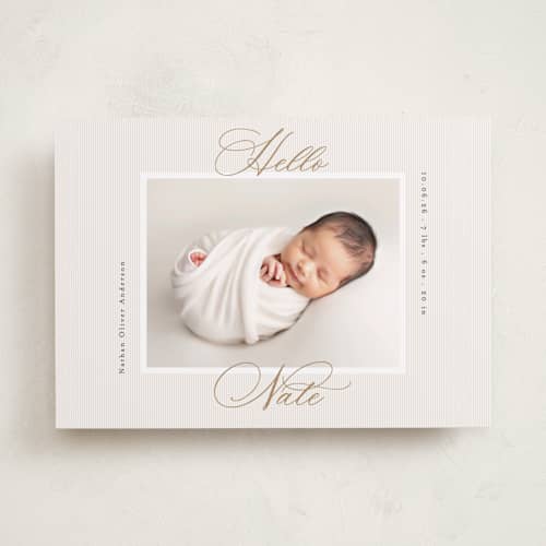 This is a sand birth announcements with standard by Gwen Bedat called sweet stripes printing on recycled smooth signature in standard