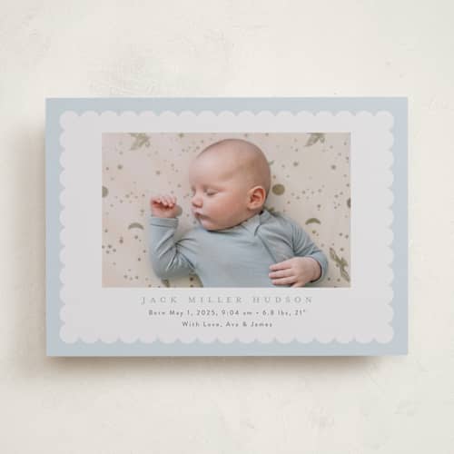 This is a sky birth announcements with standard by Nicoletta Savod called charmed printing on recycled smooth signature in standard