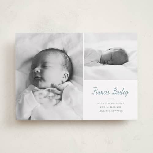This is a pond birth announcements with standard by Carolyn MacLaren called vintage duo printing on recycled smooth signature in standard