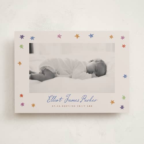 This is a rainbow birth announcements with standard by Maja Cunningham called starlight printing on recycled smooth signature in standard