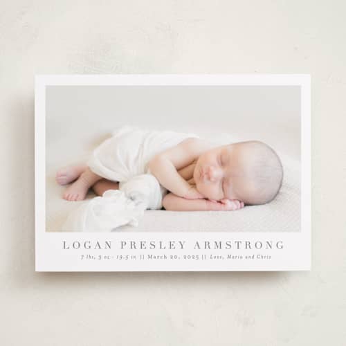 This is a fawn birth announcements with standard by Megan Davis called menil printing on recycled smooth signature in standard