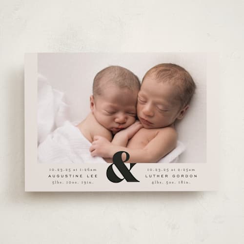 This is a ivory birth announcements with standard by Alethea and Ruth called ampersand duo printing on recycled smooth signature in standard