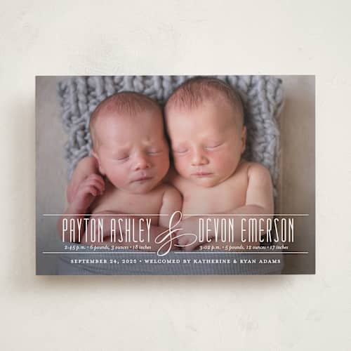 This is a frost birth announcements with standard by Jessica Williams called fancy for two printing on recycled smooth signature in standard