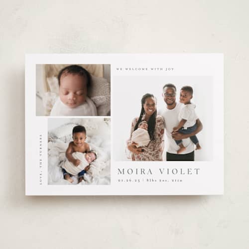 This is a stone birth announcements with standard by Carolyn MacLaren called welcome with joy printing on recycled smooth signature in standard