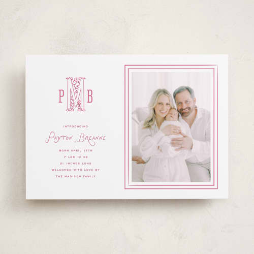This is a candy birth announcements with standard by Kamala Nahas called filigree monogram printing on recycled smooth signature in standard
