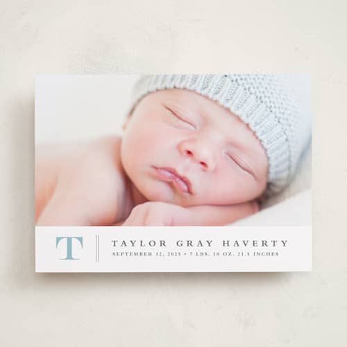 This is a powder birth announcements with standard by Stacey Meacham called stately monogram printing on recycled smooth signature in standard