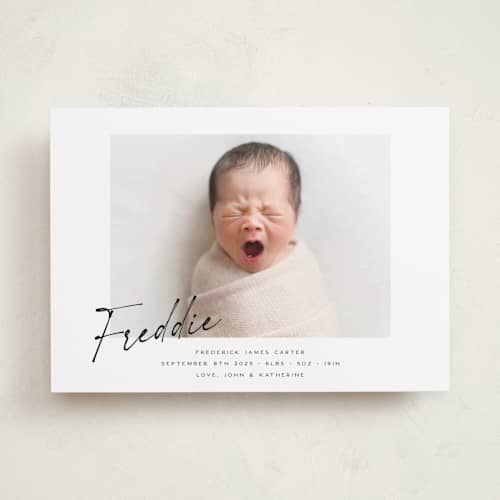 This is a dove birth announcements with standard by Paula Pecevich called nickname printing on recycled smooth signature in standard