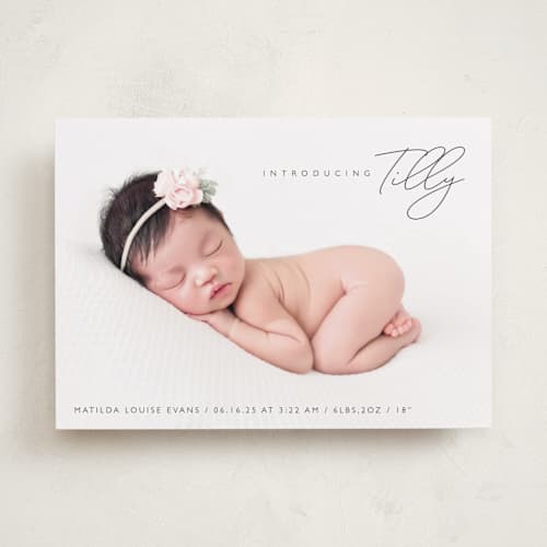 This is a raven birth announcements with standard by Olivia Raufman called nickname intro printing on recycled smooth signature in standard