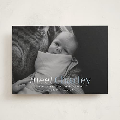 This is a sky blue birth announcements with standard by Hooray Creative called meet charley printing on recycled smooth signature in standard