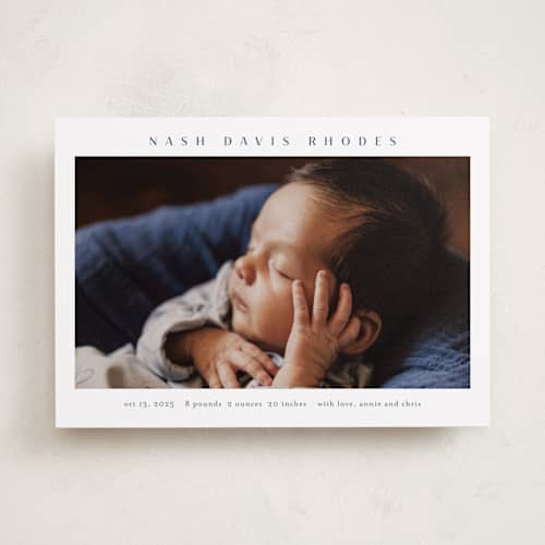 This is a cobalt birth announcements with standard by Stacey Meacham called simple name printing on recycled smooth signature in standard