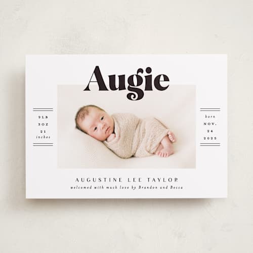 This is a ash birth announcements with standard by Alethea and Ruth called bold name frame printing on recycled smooth signature in standard