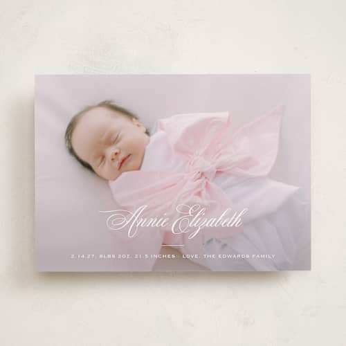 This is a powder birth announcements with standard by Carolyn MacLaren called formal classic printing on recycled smooth signature in standard