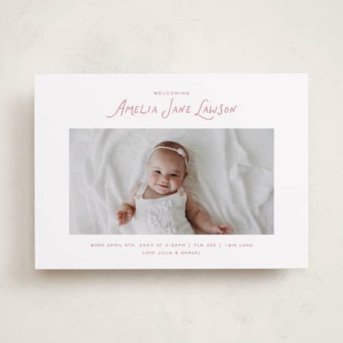 This is a petal birth announcements with standard by Kelly Watkins called nostalgic printing on recycled smooth signature in standard