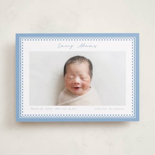 This is a sky birth announcements with standard by Nicole Walsh called stitched frame printing on recycled smooth signature in standard