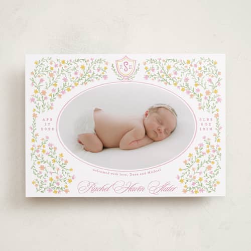 This is a cotton candy birth announcements with standard by Creo Study called cottagecore printing on recycled smooth signature in standard
