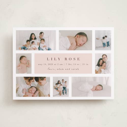 This is a blush birth announcements with standard by Maria Alou called family album printing on recycled smooth signature in standard