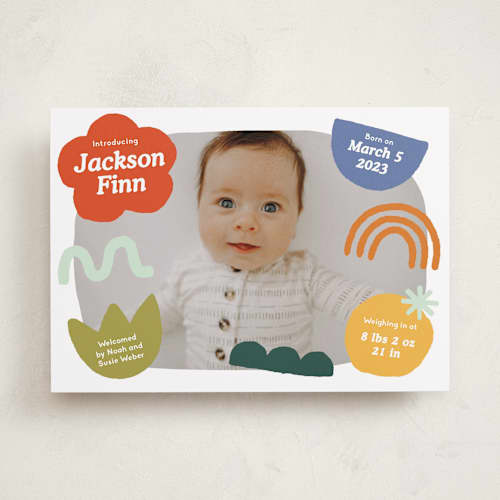 This is a fruitcake birth announcements with standard by Kercia Jane called colorful shapes printing on recycled smooth signature in standard