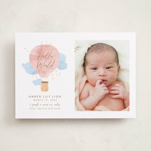 This is a blush birth announcements with standard by Kanika Mathur called baby world printing on recycled smooth signature in standard