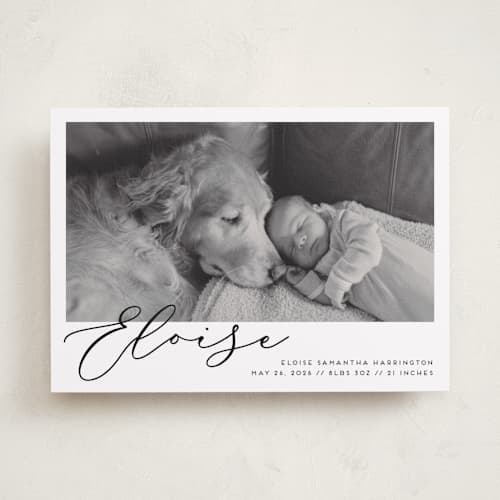 This is a onyx birth announcements with standard by Genna Blackburn called first-name basis printing on recycled smooth signature in standard