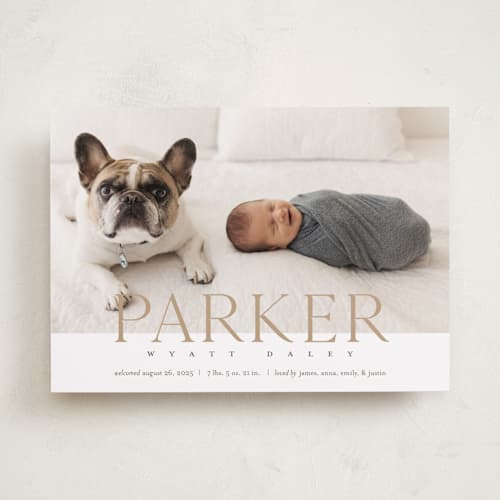 This is a toffee birth announcements with standard by Eric Clegg called modern classic printing on recycled smooth signature in standard