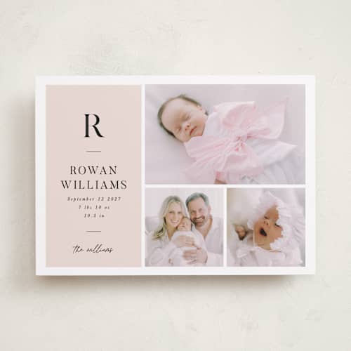 This is a blush birth announcements with standard by Robert and Stella called monogram block printing on recycled smooth signature in standard