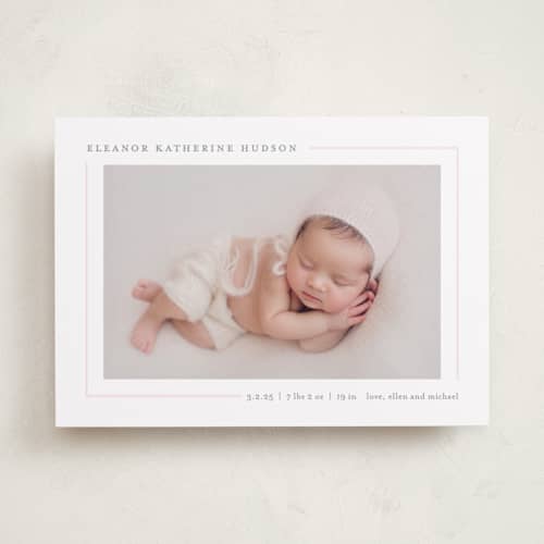 This is a blush birth announcements with standard by Lauren Chism called simply serene printing on recycled smooth signature in standard