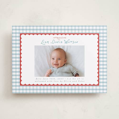This is a picnic birth announcements with standard by Christy Hy Lee called playful pattern printing on recycled smooth signature in standard