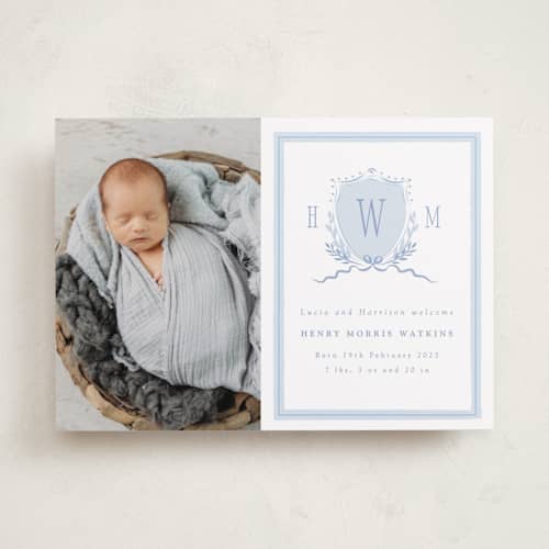 This is a sky birth announcements with standard by Corinne Malesic called crest printing on recycled smooth signature in standard