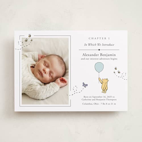 This is a cloud birth announcements with standard by Heather Schertzer called disney sweetest adventure printing on recycled smooth signature in standard