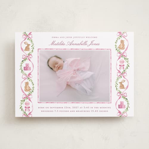 This is a ballet birth announcements with standard by Sarah Knight called bow printing on recycled smooth signature in standard