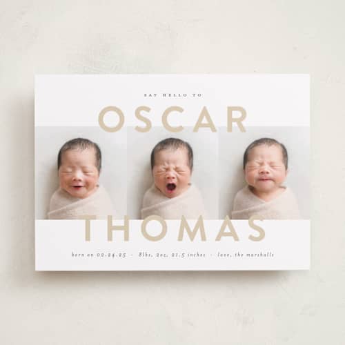 This is a sand birth announcements with standard by Carolyn MacLaren called trio overlay printing on recycled smooth signature in standard