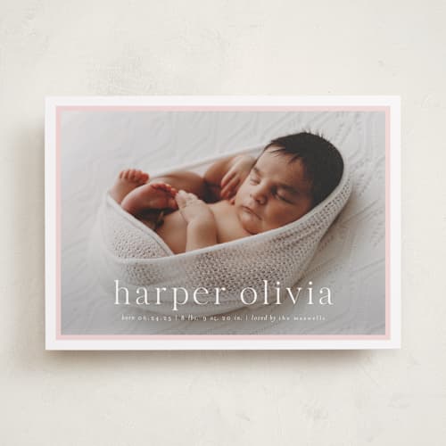 This is a rose birth announcements with standard by Alexandra Cohn called portraiture printing on recycled smooth signature in standard
