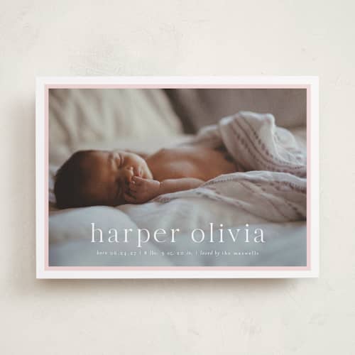 This is a rose birth announcements with standard by Alexandra Cohn called portraiture printing on recycled smooth signature in standard