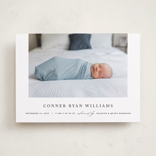 This is a onyx birth announcements with standard by Pixel and Hank called dreamer printing on recycled smooth signature in standard
